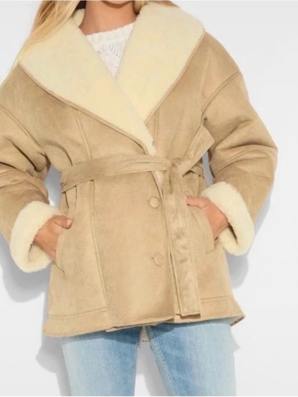 Wild Fable NWT Small Women’s Cream Trim Tan Faux Shearling Belted Coat